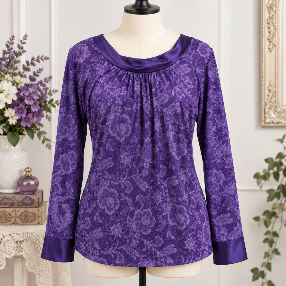 RUE21 Satin Trimmed Purple Print Knit Top Size XL